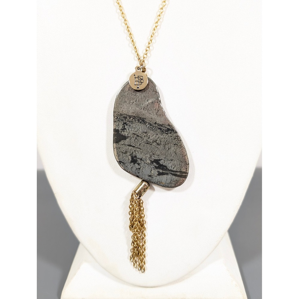 Bourbon and Boweties Gray Stone Pendant Tassel Necklace Gold‎ Tone Long
